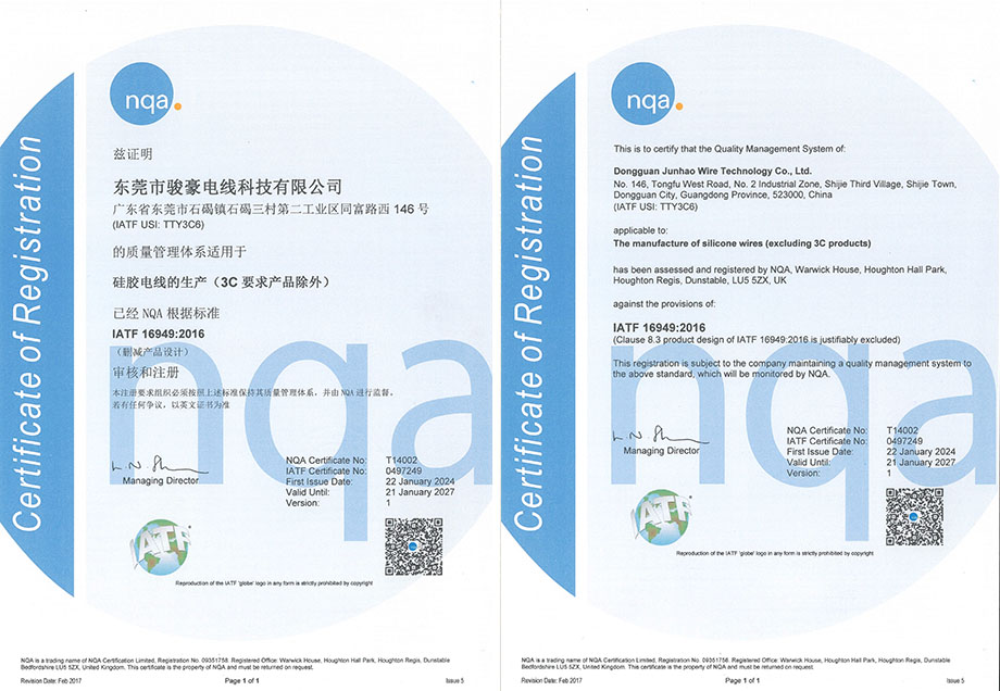 PA尊龍凱時硅膠電線NQA 16949認證證書